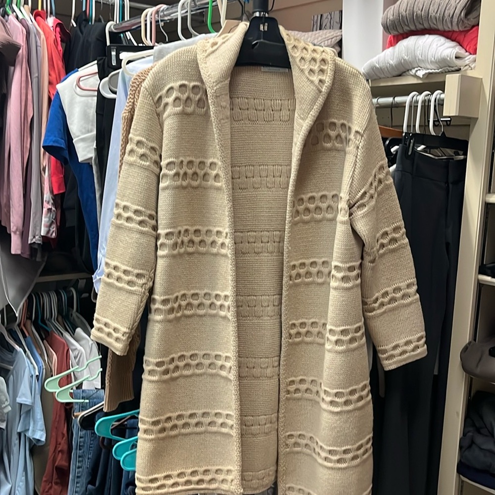 100% Wool Vintage Cream Textured Knit Open-Front Cardigan